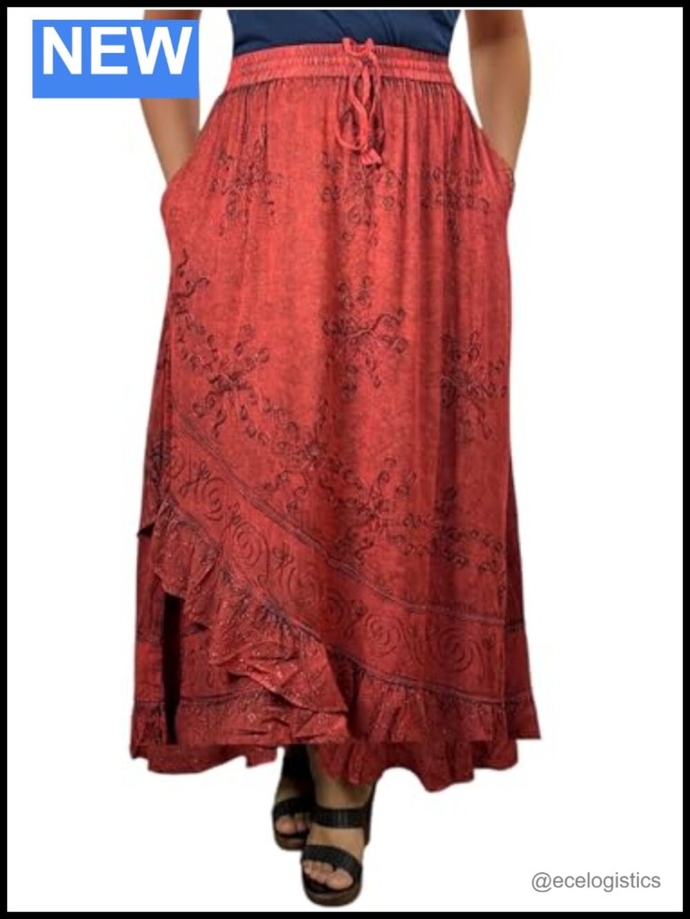 Boho Rayon Long Maxi Skirt Embroidered Flowy Drawstring Ruffle Hem